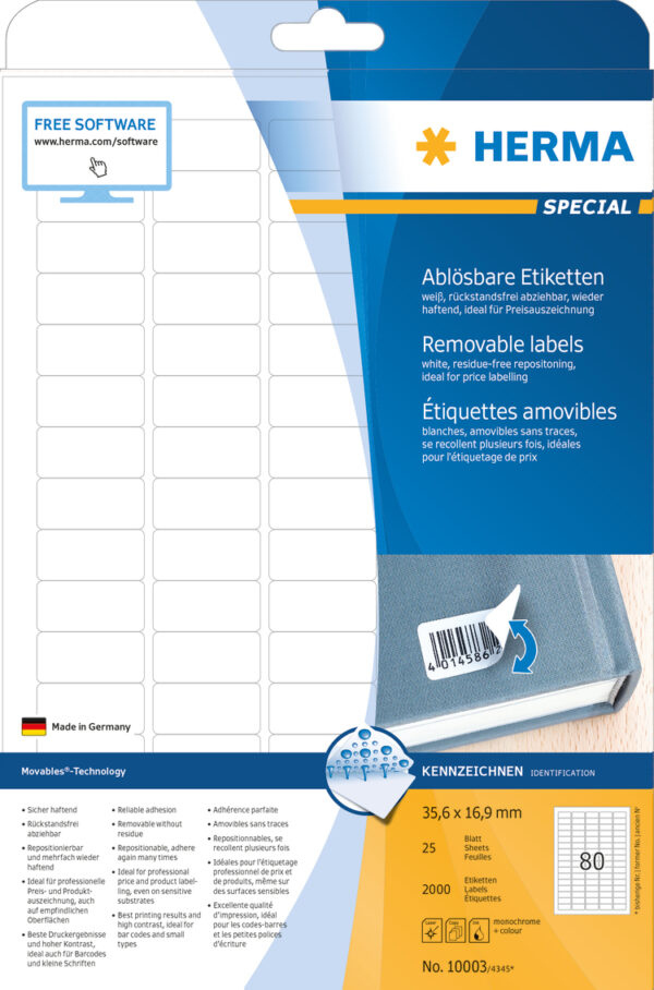 Removable Labels A4, 35.6 x 16.9mm, White, Movables Technology