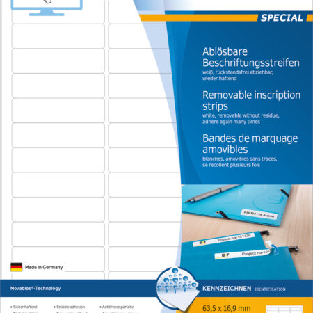 Removable Inscription Strips A4, 63.5 x 16.9mm, White, Movables Technology