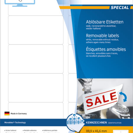 Removable Labels A4, 88.9 x 46.6mm, White, Movables Technology