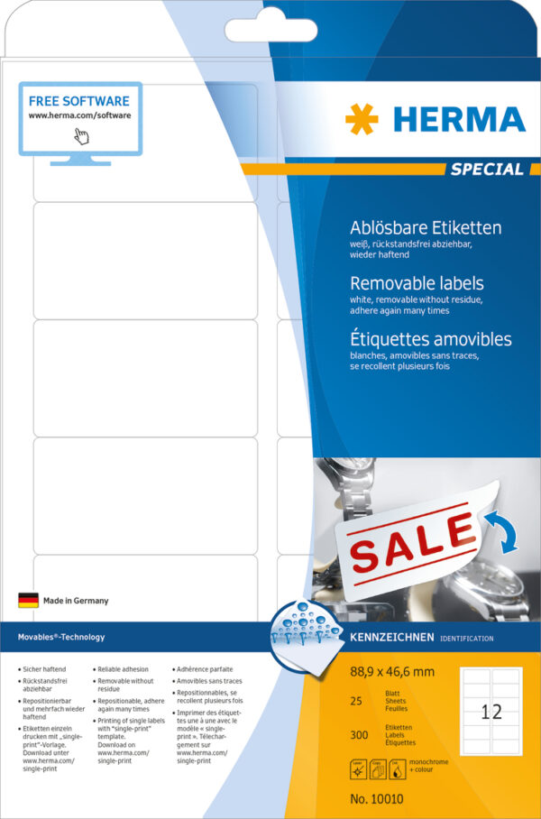 Removable Labels A4, 88.9 x 46.6mm, White, Movables Technology