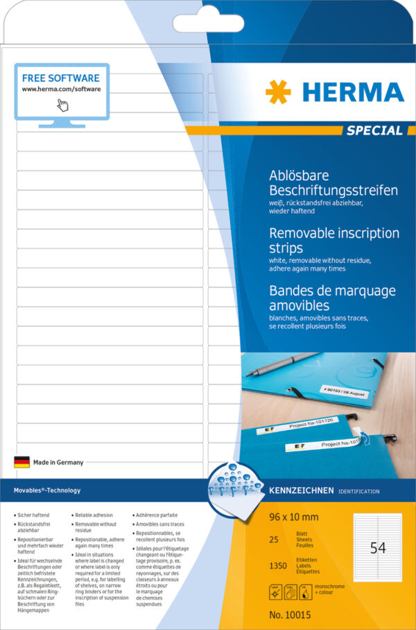 Removable Inscription Strips A4, 96 x 10mm, White, Movables Technology