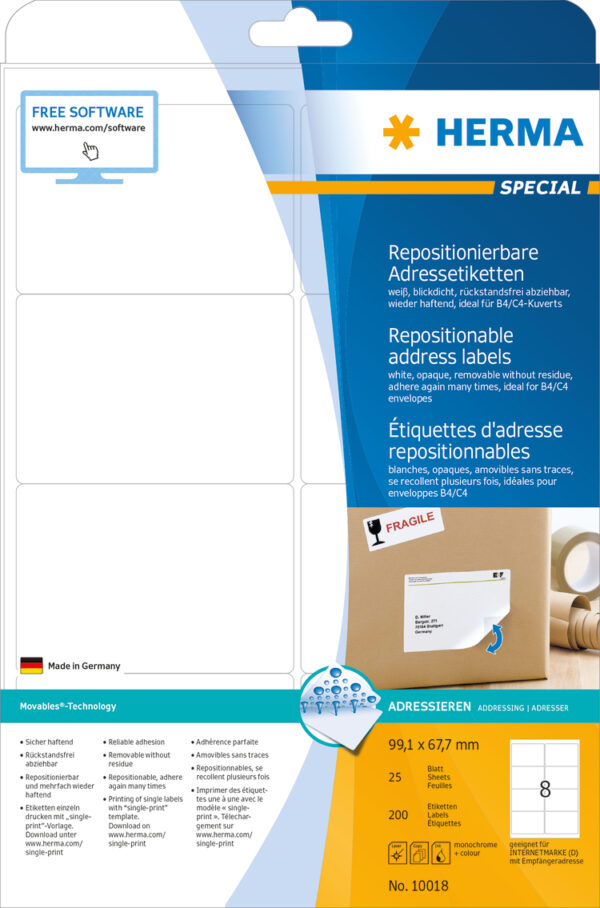 Removable Address Labels A4, 99.1 x 67.7mm, White, Movables Technology