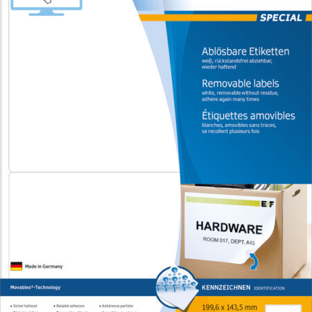 Removable Labels A4, 199.6 x 143.5mm, White, Movables Technology