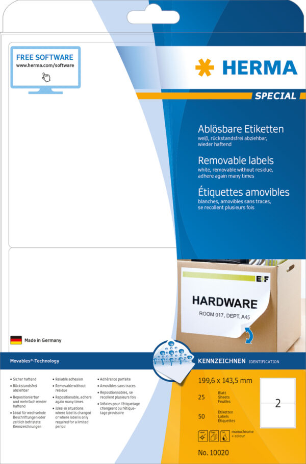 Removable Labels A4, 199.6 x 143.5mm, White, Movables Technology