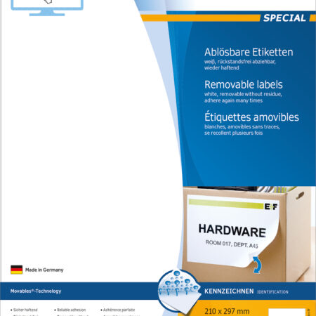 Removable Labels A4, 210 x 297mm, White, Movables Technology