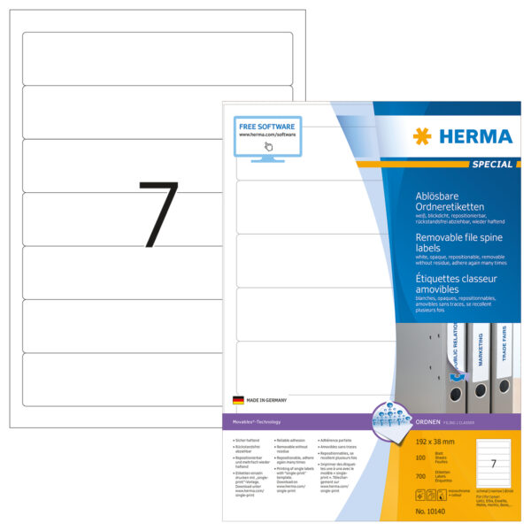 Removable File Spine Labels A4, 192 x 38mm, White, Opaque, for Narrow Files (Short)