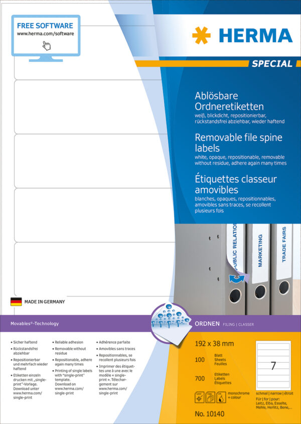 Removable File Spine Labels A4, 192 x 38mm, White, Opaque, for Narrow Files (Short) - Image 2