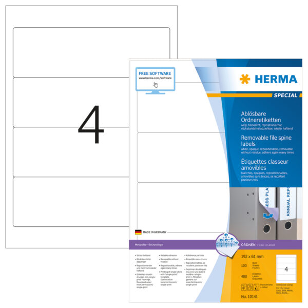 Removable File Spine Labels A4, 192 x 61mm, White, Opaque, for Wide Files (Short)