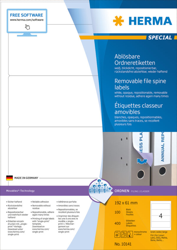 Removable File Spine Labels A4, 192 x 61mm, White, Opaque, for Wide Files (Short) - Image 2