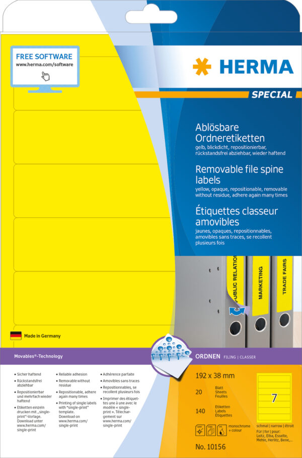 Removable File Spine Labels A4, 192 x 38mm, Yellow, Opaque, for Narrow Files (Short)
