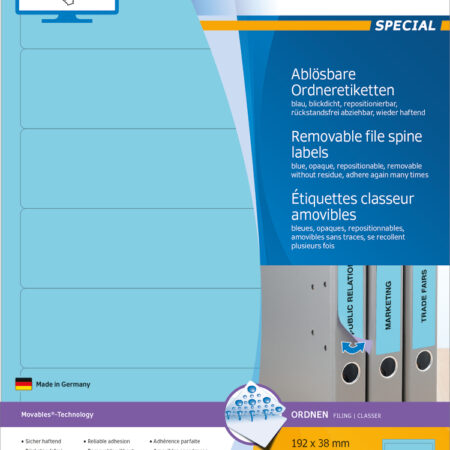 Removable File Spine Labels A4, 192 x 38mm, Blue, Opaque, for Narrow Files (Short)