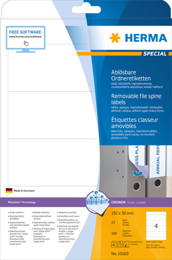 Removable File Spine Labels A4, 192 x 59mm, White, Opaque, for Wide Files (Short)