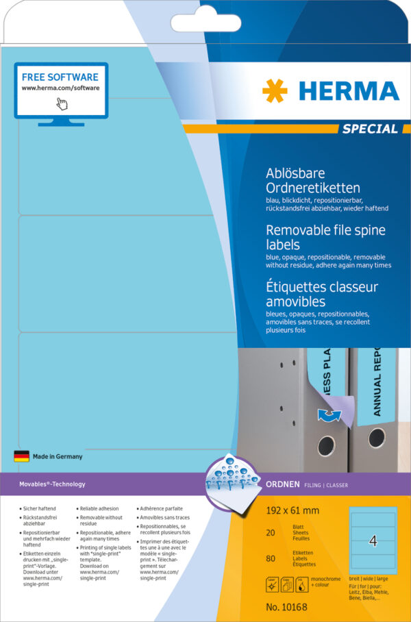 Removable File Spine Labels A4, 192 x 61mm, Blue, Opaque, for Wide Files (Short)