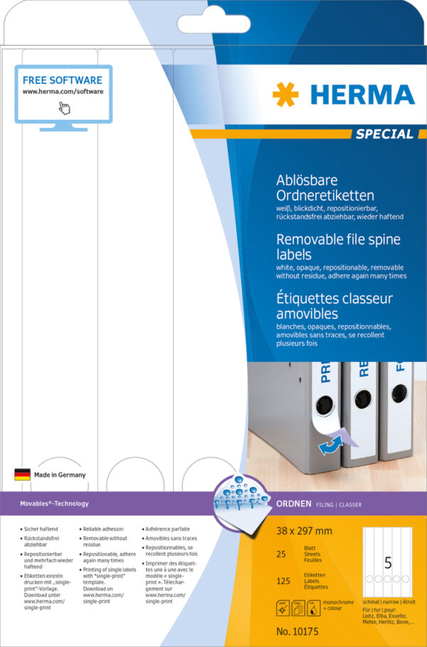 Removable File Spine Labels A4, 38 x 297mm, White, Opaque, for Narrow Files (Long)