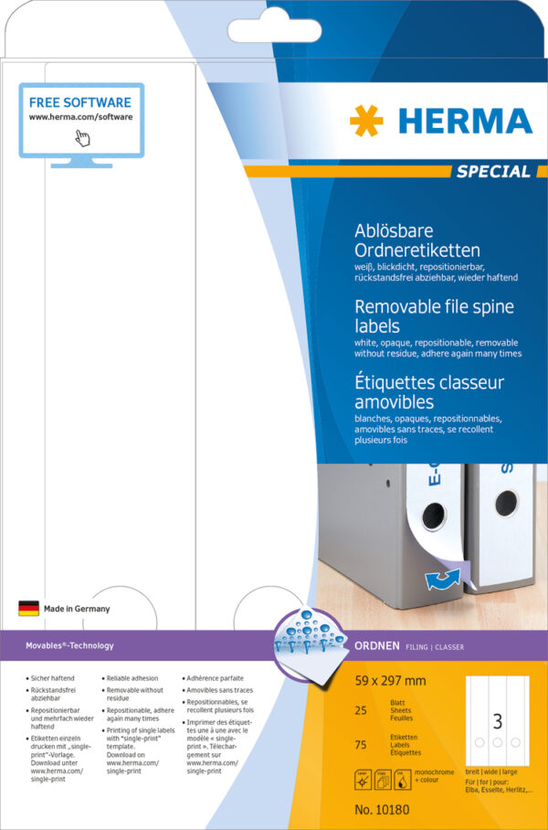 Removable File Spine Labels A4, 59 x 297mm, White, Opaque, for Wide Files (Short)