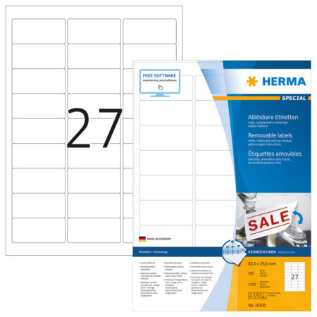 Removable Labels A4, 63.5 x 29.6mm, White, Movables Technology