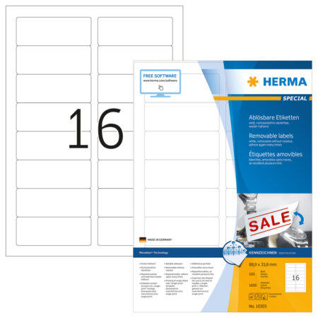 Removable Labels A4, 88.9 x 33.8mm, White, Movables Technology