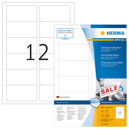 Removable Labels A4, 88.9 x 46.6mm, White, Movables Technology
