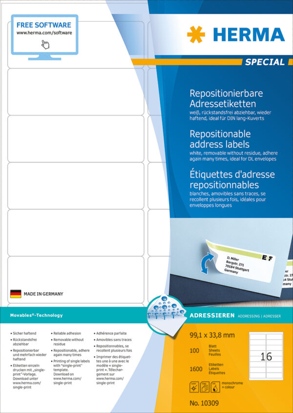 Removable Address Labels A4, 99.1 x 33.8mm, White, Movables Technology - Image 2