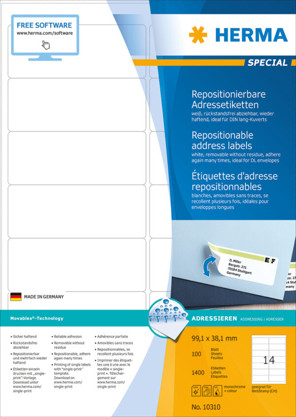 Removable Address Labels A4, 99.1 x 38.1mm, White, Movables Technology - Image 2