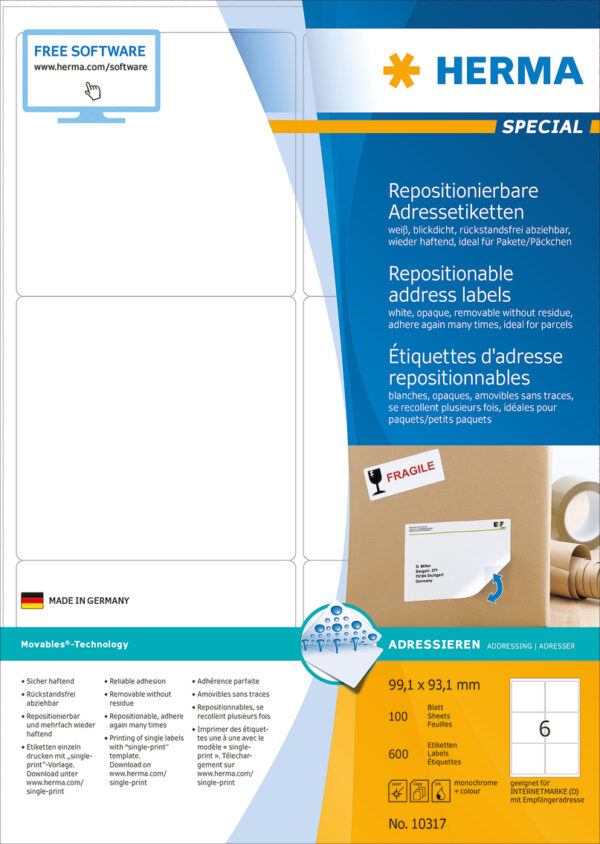 Removable Address Labels A4, 99.1 x 93.1mm, White, Movables Technology - Image 2