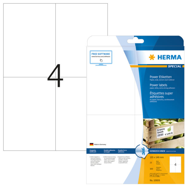 Power Labels, with Strong Adhesion A4, 105 x 148mm, made of Paper