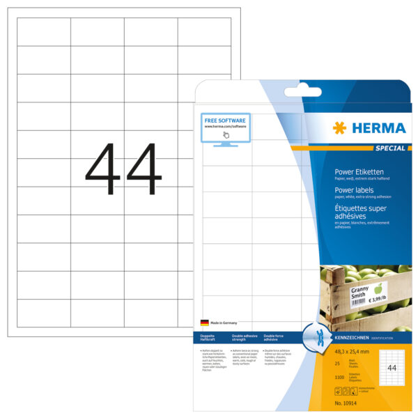 Power Labels, with Strong Adhesion A4, 48.3 x 25.4mm, made of Paper