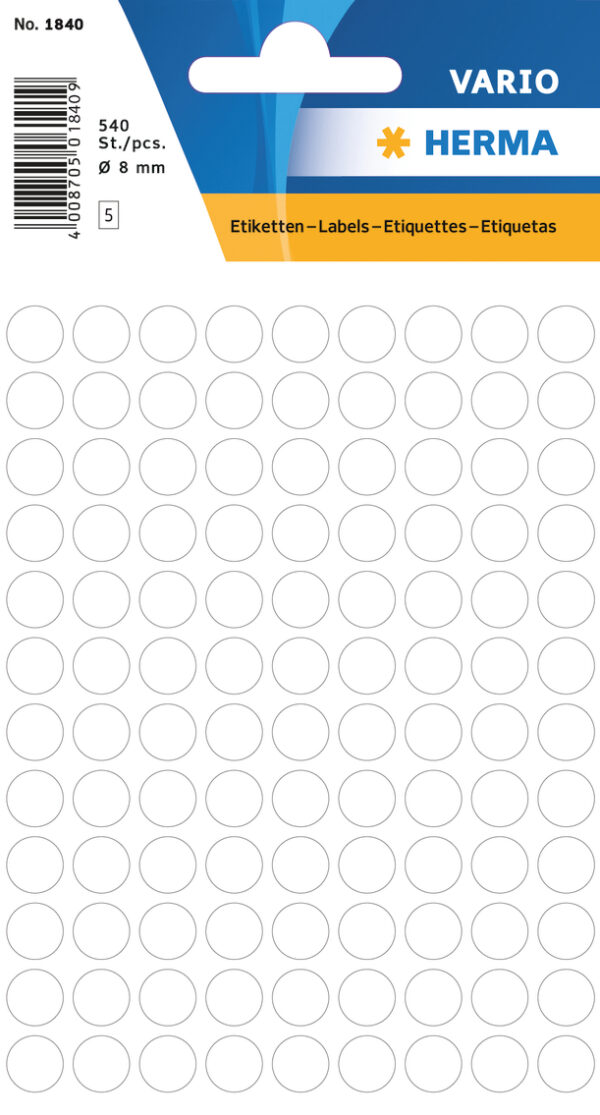 Dot Labels, 8mm, Round, White, Permanent Adhesion, for Hand Lettering