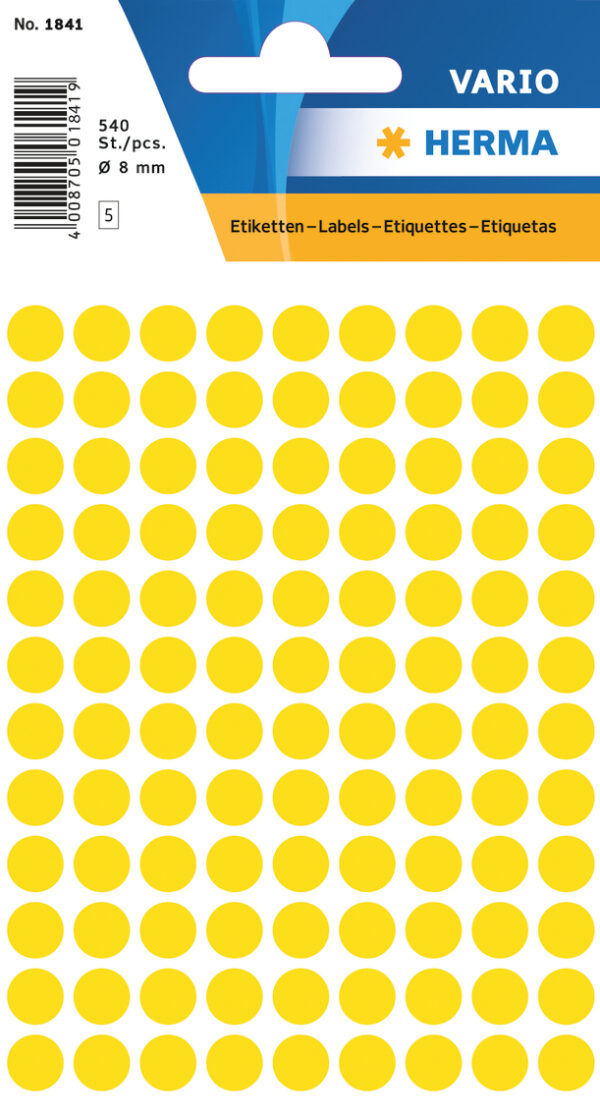 Dot Labels, 8mm, Round, Yellow, Permanent Adhesion, for Hand Lettering