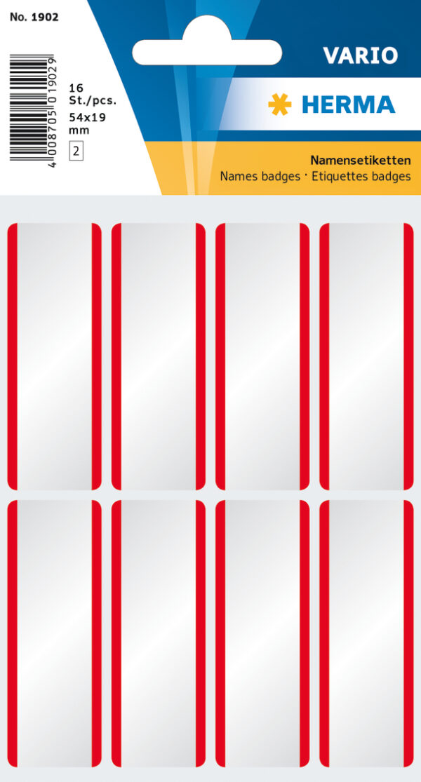 Name Labels 54x19mm White/Red Stripes Removable Artificial Silk 16 pcs