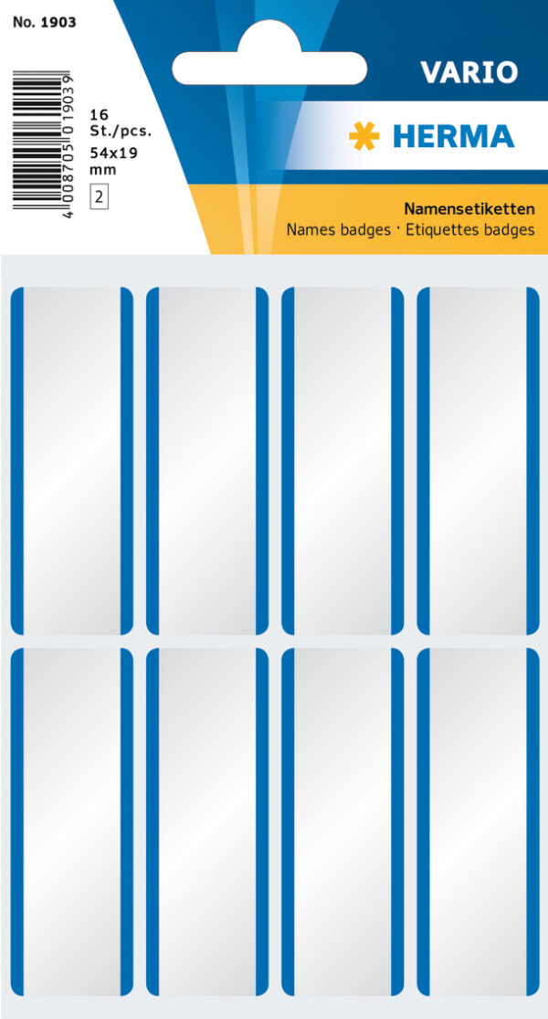 Name Labels 54x19mm White/Blue Stripes Removable Artificial Silk 16 pcs