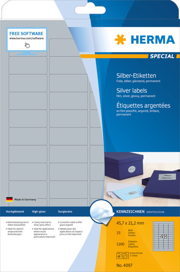 Silver Foil Labels A4, 45.7 x 21.2mm, Glossy, Weatherproof, Permanent Adhesion