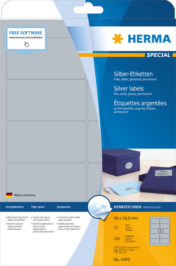 Silver Foil Labels A4, 96 x 50.8mm, Glossy, Weatherproof, Permanent Adhesion
