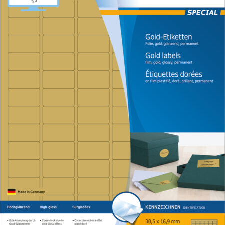 Gold Foil Labels A4, 30.5 x 16.9mm, Glossy, Weatherproof, Permanent Adhesion