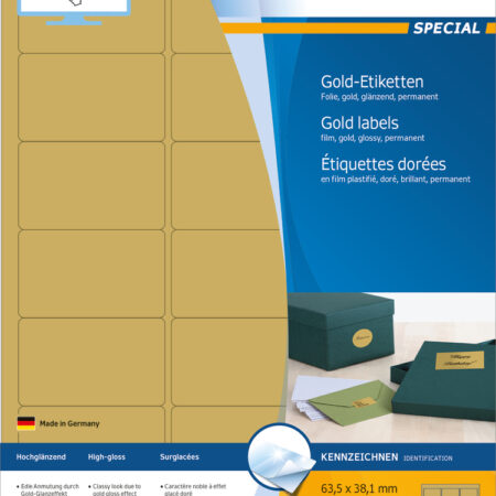 Gold Foil Labels A4, 63.5 x 38.1mm, Glossy, Weatherproof, Permanent Adhesion