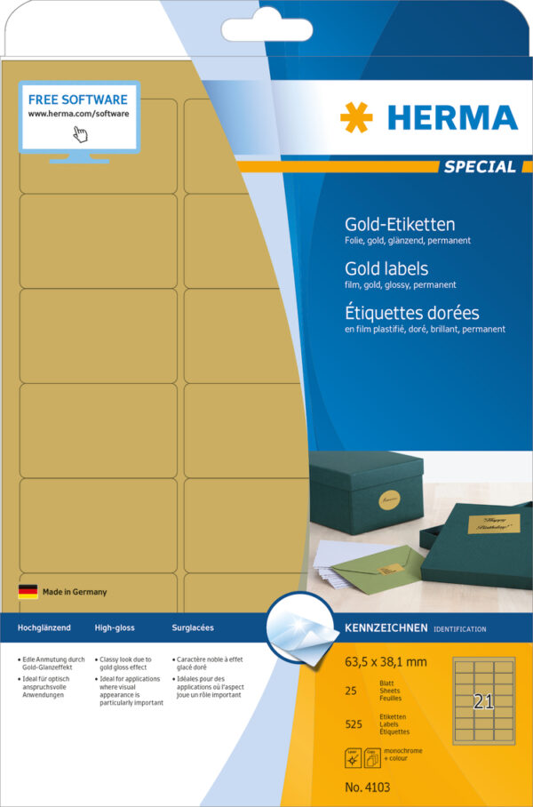 Gold Foil Labels A4, 63.5 x 38.1mm, Glossy, Weatherproof, Permanent Adhesion