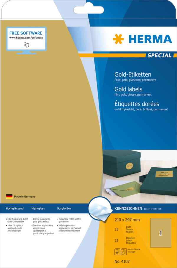 Gold Foil Labels A4, 210 x 297mm, Glossy, Weatherproof, Permanent Adhesion