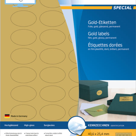 Gold Foil Labels A4, 40.6 x 25.4mm, Glossy, Weatherproof, Permanent Adhesion