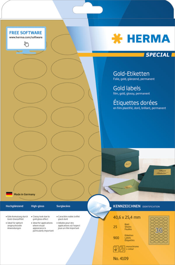 Gold Foil Labels A4, 40.6 x 25.4mm, Glossy, Weatherproof, Permanent Adhesion
