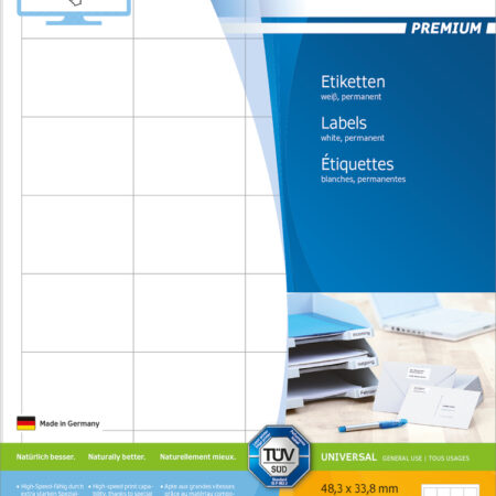 Premium Labels A4, 48.3 x 33.8mm, White, Permanent Adhesion