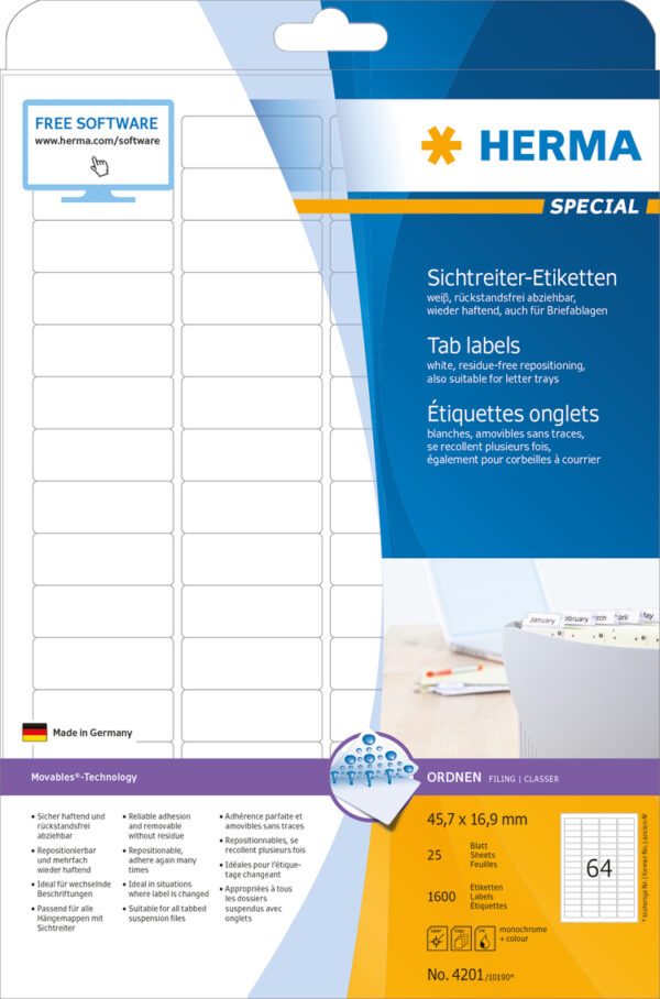 Tab Labels A4, 45.7 x 16.9mm, White, Removable (Movables Technology)
