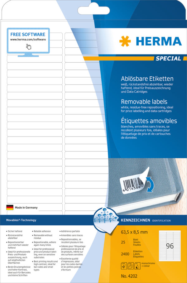 Removable Labels A4, 63.5 x 8.5mm, White, Movables Technology