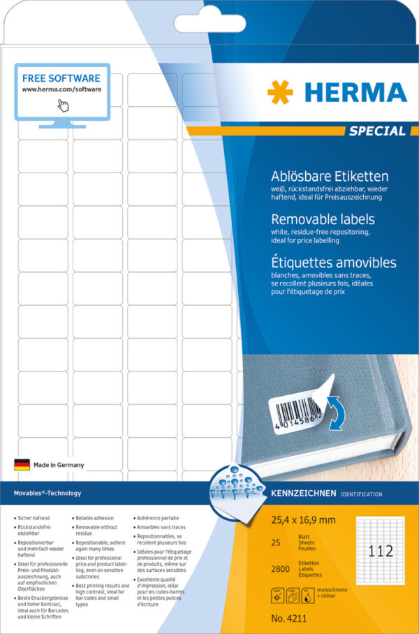 Removable Labels A4, 25.4 x 16.9mm, White, Movables Technology