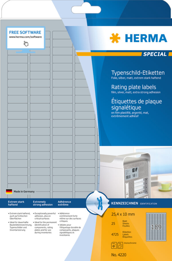 Rating Plate Labels, Silver A4, 25 x 10mm, Extremely Strong Adhesion, Weatherproof, Tearproof