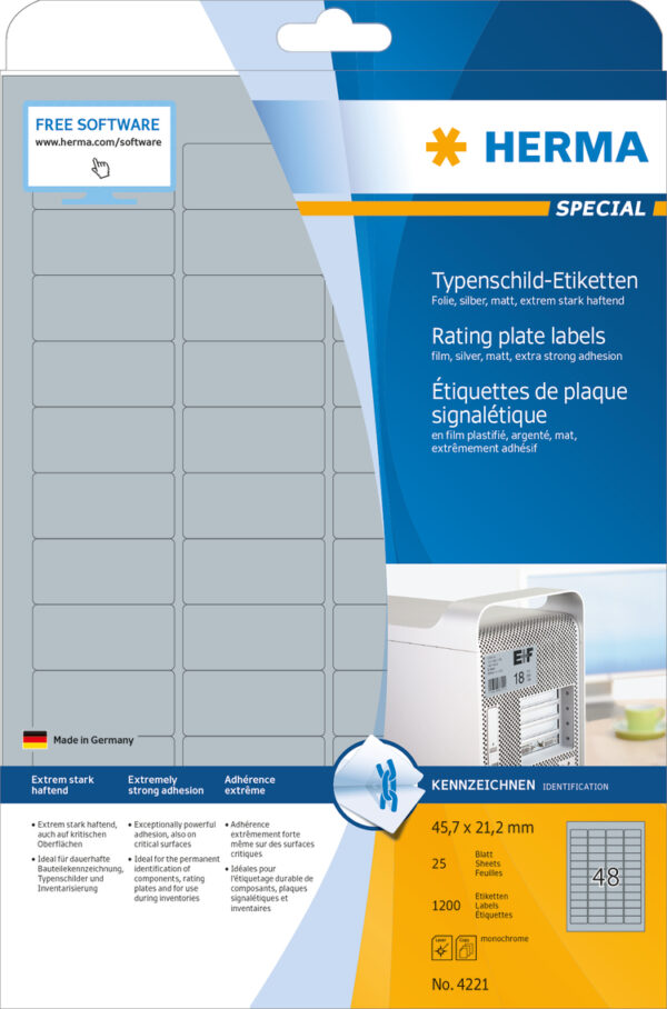 Rating Plate Labels, Silver A4, 45.7 x 21.2mm, Extremely Strong Adhesion, Weatherproof, Tearproof