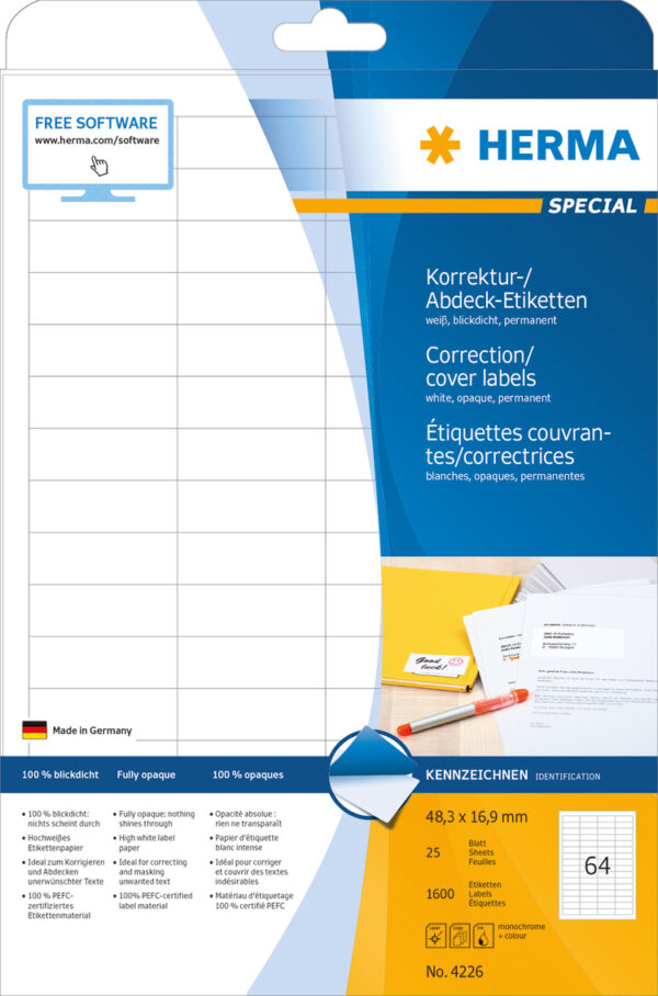 Correction/Covering Labels A4, 48.3 x 16.9mm, White, Opaque, Permanent Adhesion