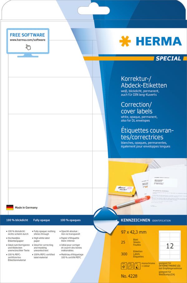 Correction/Covering Labels A4, 97 x 42.3mm, White, Opaque, Permanent Adhesion