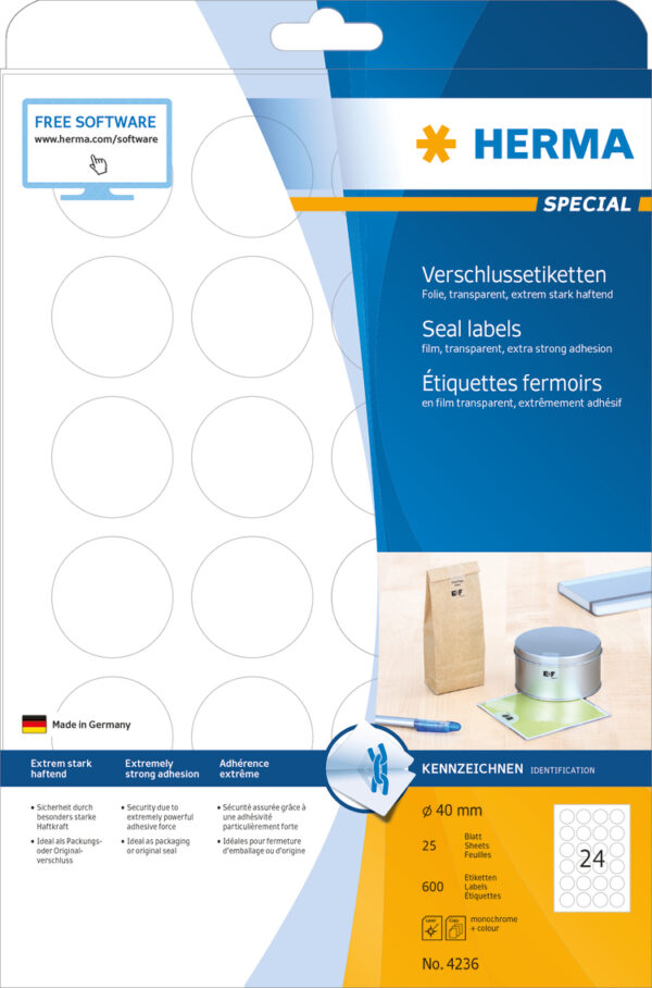 Sealing Labels, Extremely Strong Adhesion A4, 40mm, Weatherproof, Transparent