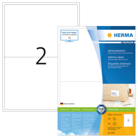 Premium Address Labels A4, 199.6 x 143.5mm, White, Permanent Adhesion
