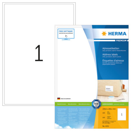Premium Address Labels A4, 199.6 x 289.1mm, White, Permanent Adhesion